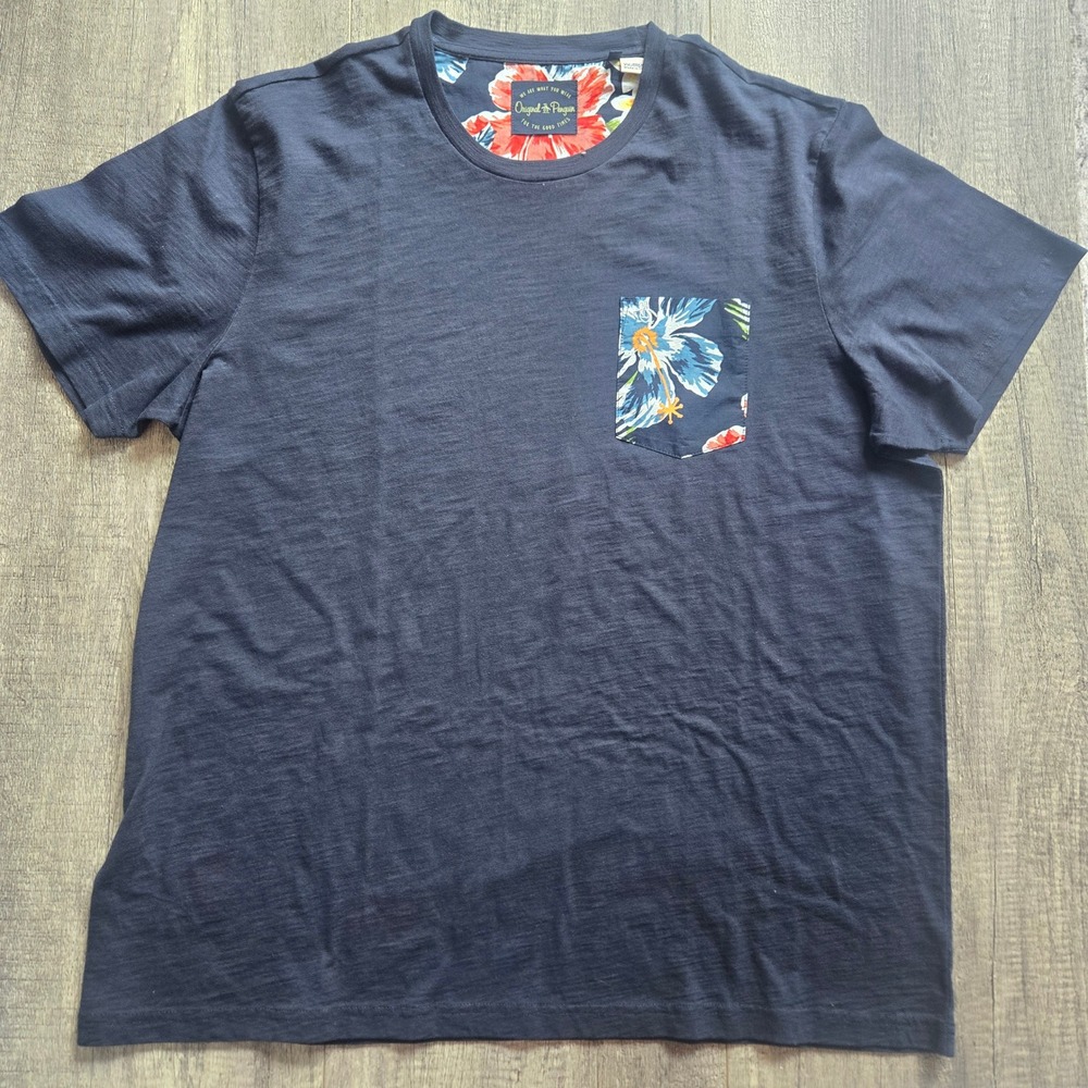 Original Penguin Mens XXL Navy Blue‎ Slub Cotton Floral Pocket T-Shirt